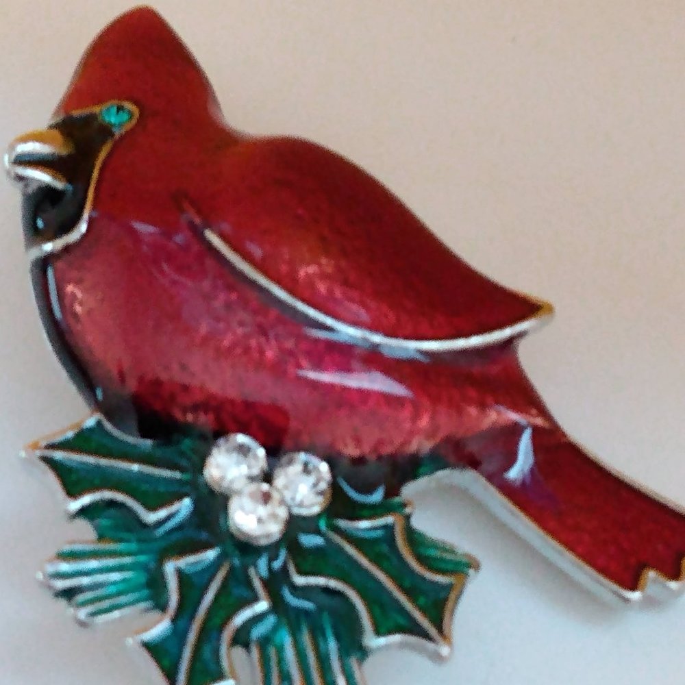Red Cardinal Bird Rhinestone Enameled Brooch Pin